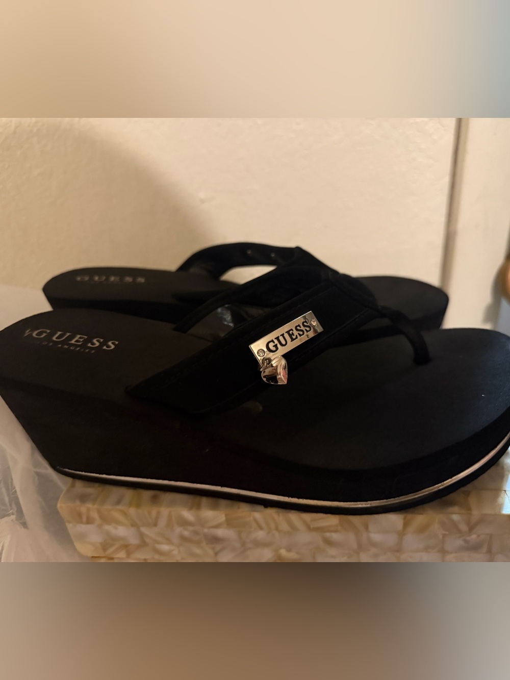 GUESS Black Logo Heart Flip Flops
